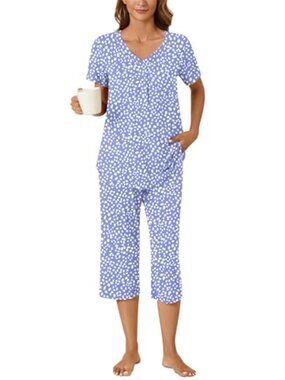 Bestbee Blue Floral Pajama Set V-Neck Top Capri Pants Lounge Set